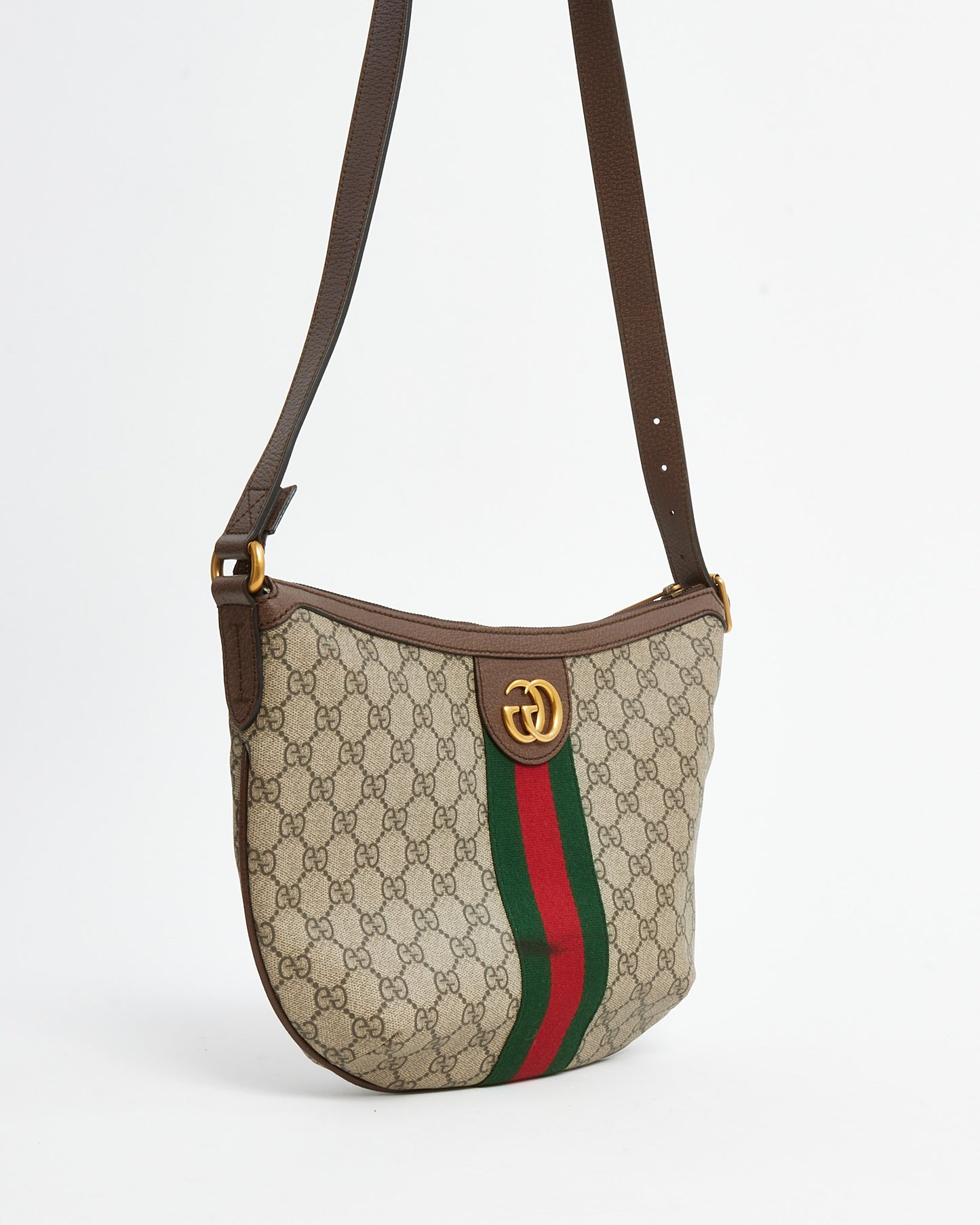 Gucci Beige and Beige Monogram GG Supreme Canvas Small Web Ophidia Half Moon Hobo Bag