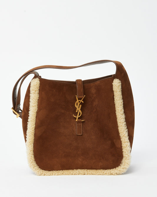 Saint Laurent Brown Suede and Shearling 5 a 7 Small Soft Hobo Shoulder Bag