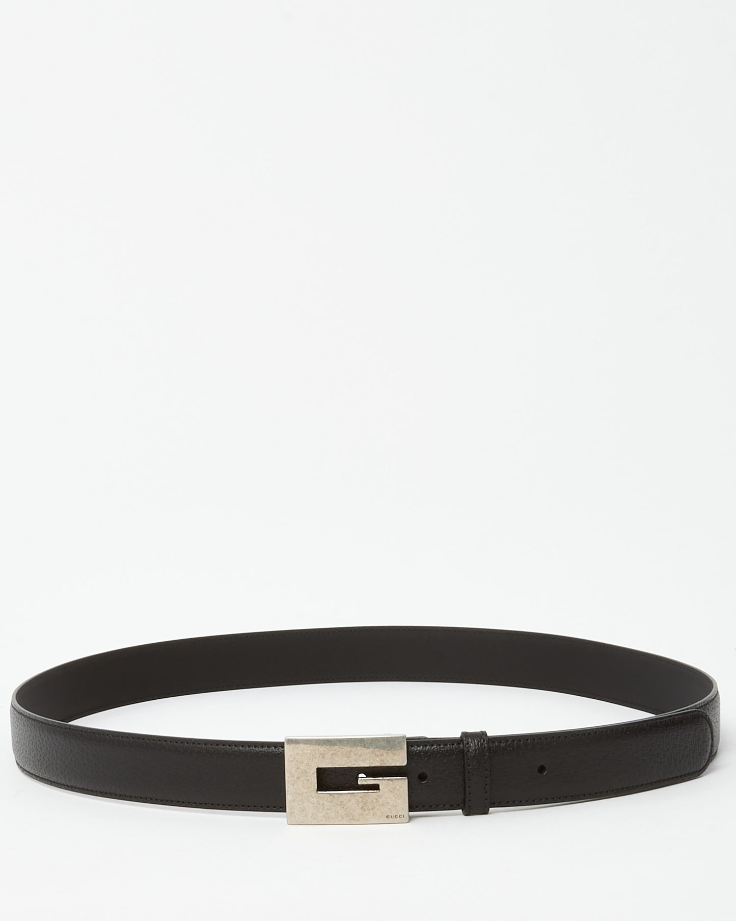 Gucci Back Leather Brushed Silver Square G Belt - 105/42