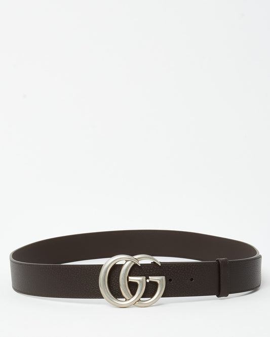 Gucci Brown Grained Leather SHW Interlocking GG Marmont Wide Belt - 105/42