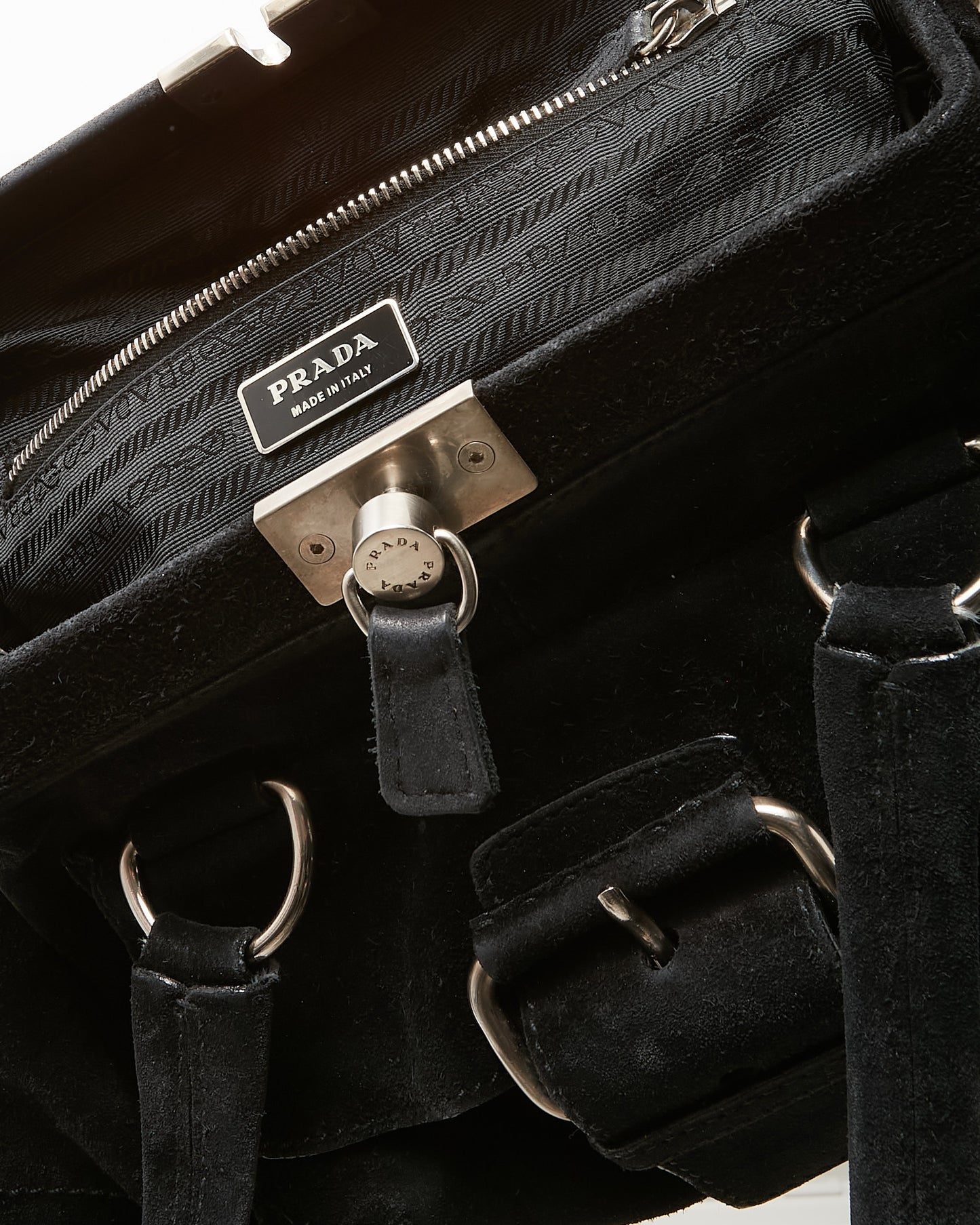 Prada Black Suede E/W Front Buckle Frame Shoulder Bag