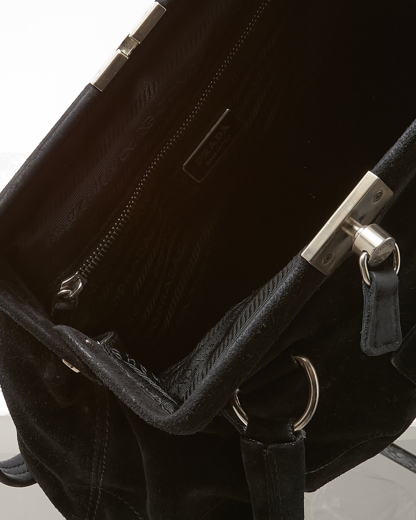 Prada Black Suede E/W Front Buckle Frame Shoulder Bag