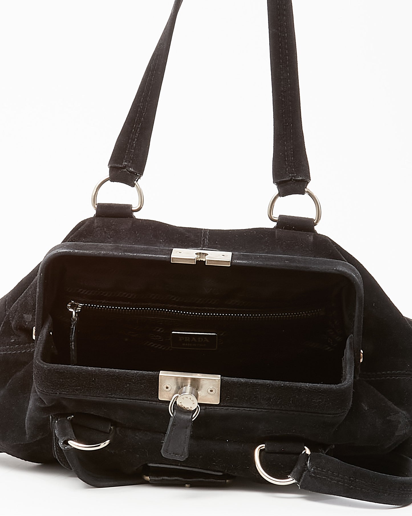 Prada Black Suede E/W Front Buckle Frame Shoulder Bag