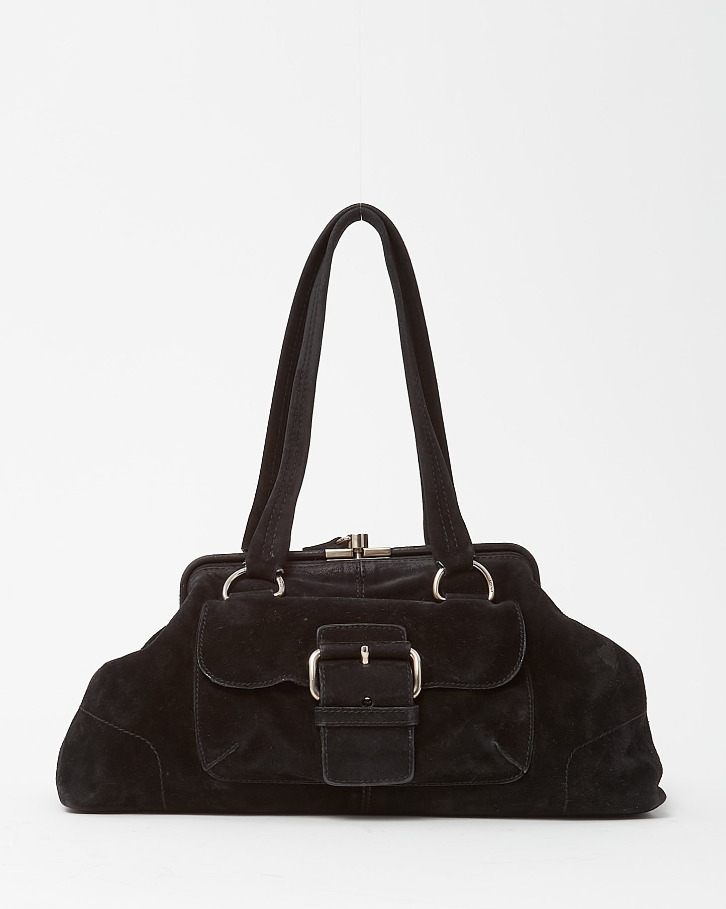 Prada Black Suede E/W Front Buckle Frame Shoulder Bag
