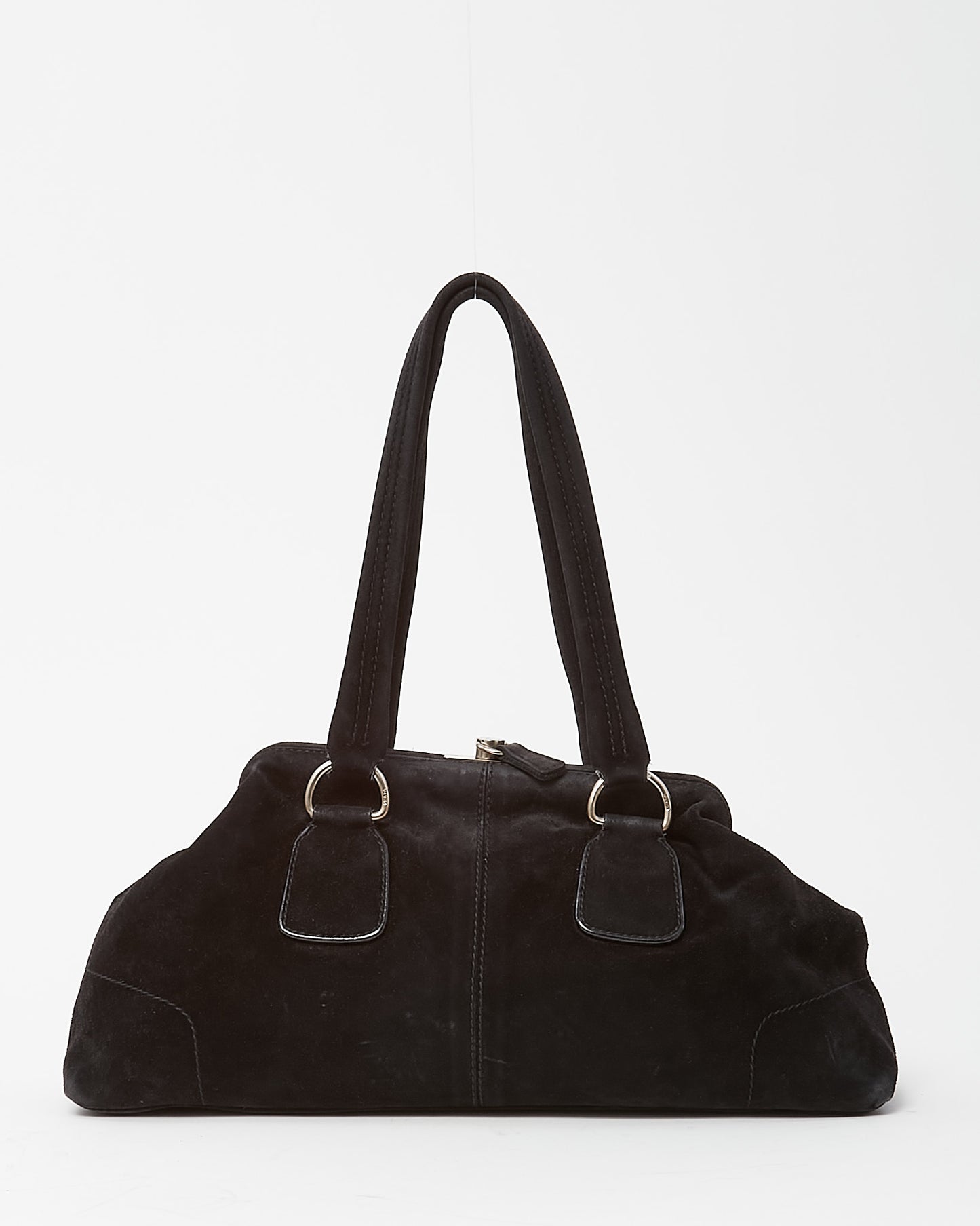 Prada Black Suede E/W Front Buckle Frame Shoulder Bag