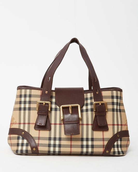 Burberry Brown Leather and Beige Haymarket Check Coated Canvas Front Buckle Shoulder Bag