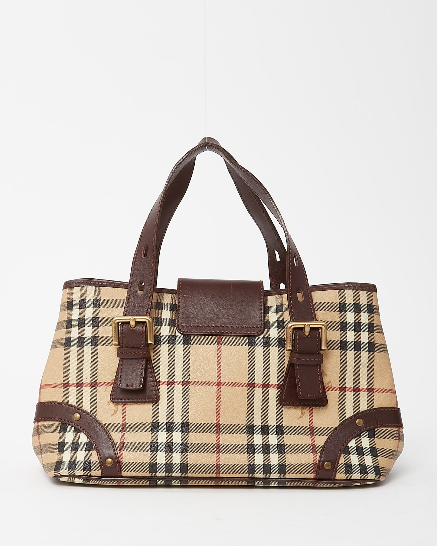 Burberry Brown Leather and Beige Haymarket Check Coated Canvas Front Buckle Shoulder Bag