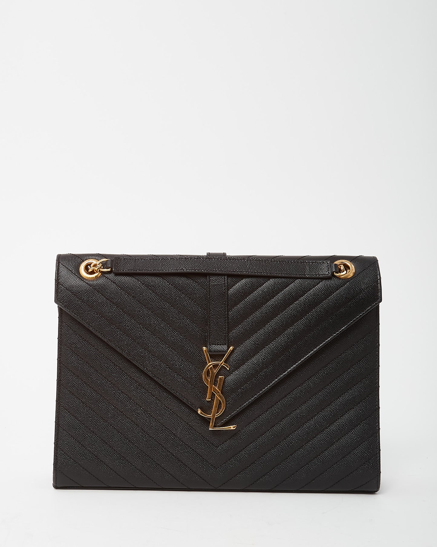 Saint Laurent Black Matelassé Chevron Leather YSL Monogram Large Envelope Flap Bag GHW