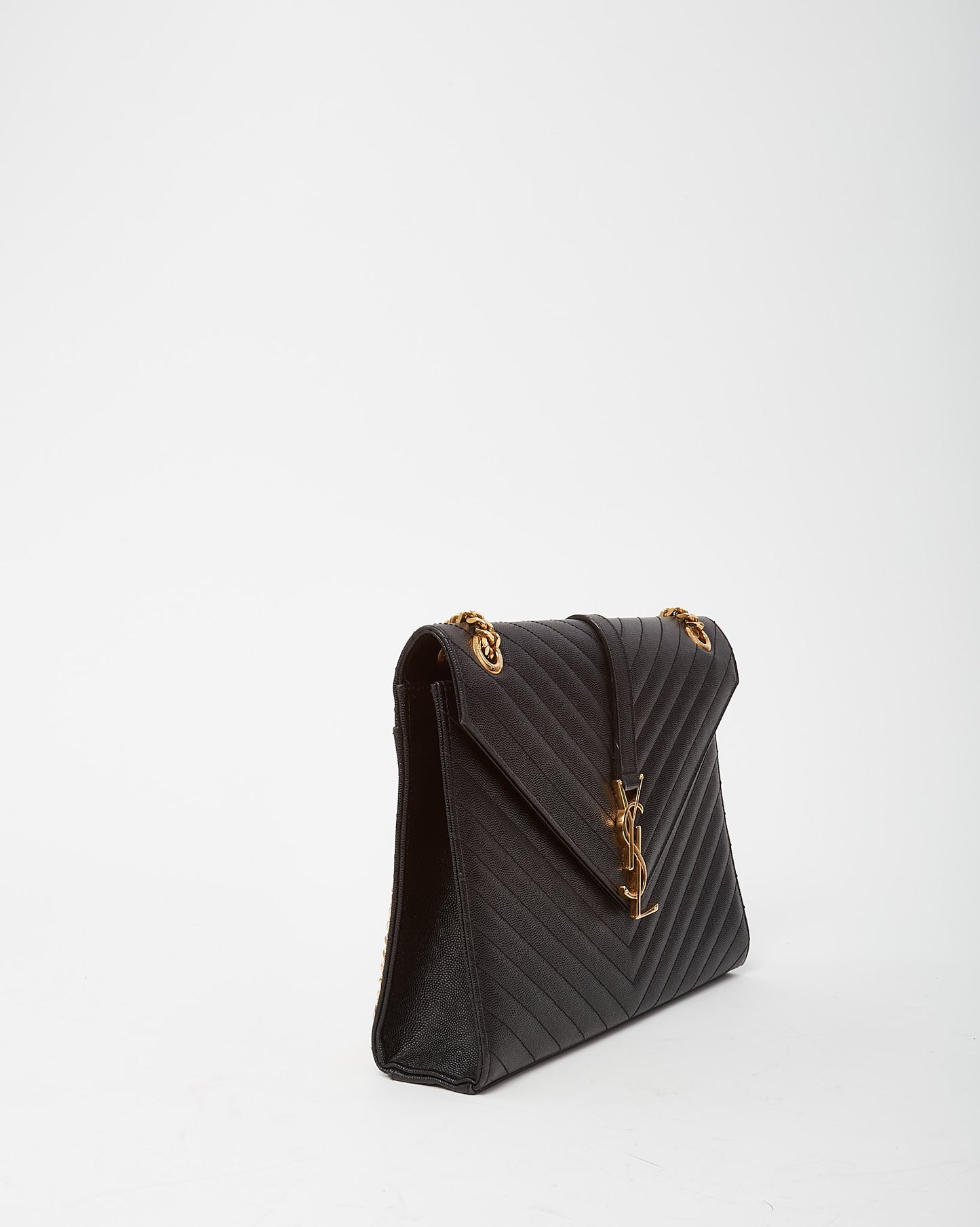 Saint Laurent Black Matelassé Chevron Leather YSL Monogram Large Envelope Flap Bag GHW