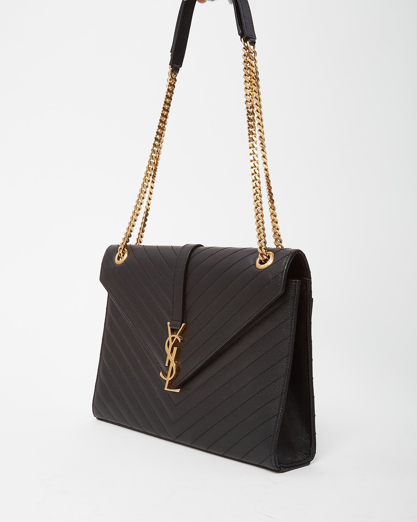 Saint Laurent Black Matelassé Chevron Leather YSL Monogram Large Envelope Flap Bag GHW