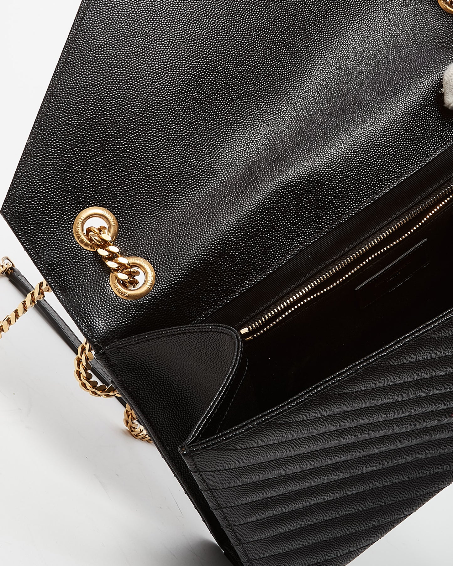 Saint Laurent Black Matelassé Chevron Leather YSL Monogram Large Envelope Flap Bag GHW
