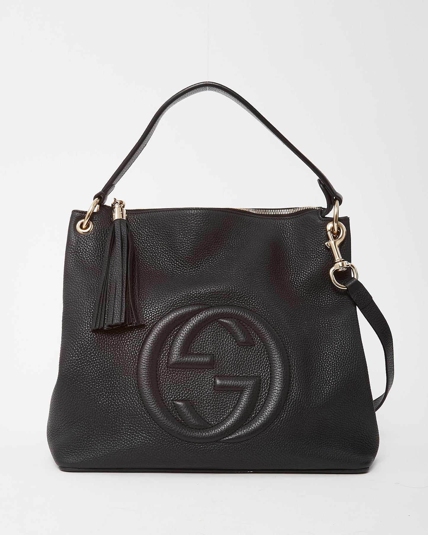 Gucci Black Pebbled Calfskin Large GG Soho Hobo Bag with Strap