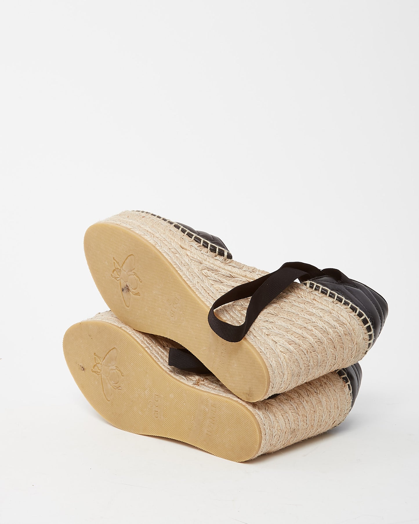 Gucci Black Leather GHW GG Marmont Espadrille Wedges - 39