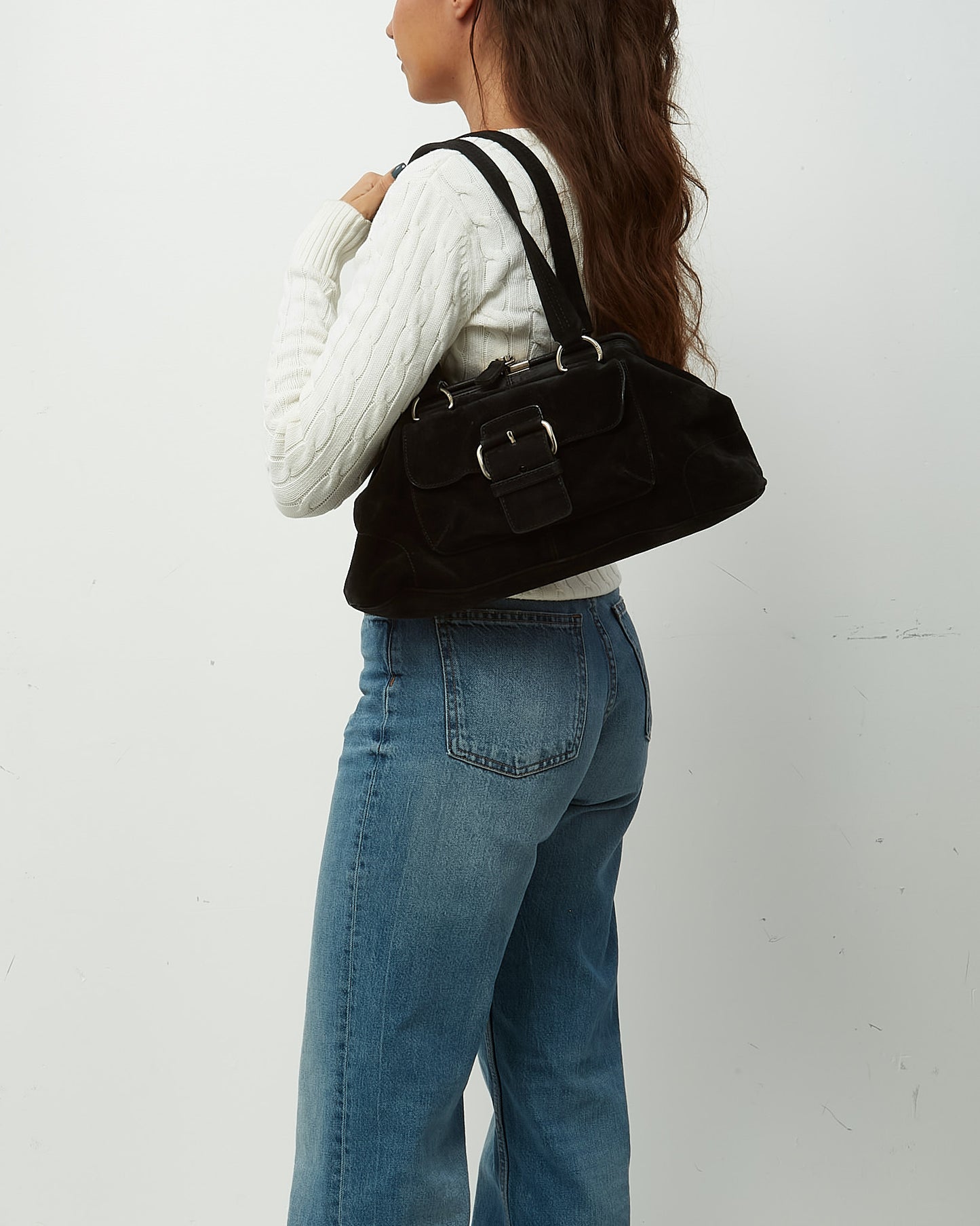 Prada Black Suede E/W Front Buckle Frame Shoulder Bag