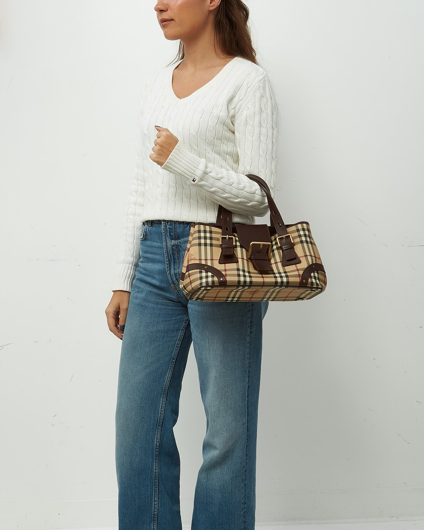 Burberry Brown Leather and Beige Haymarket Check Coated Canvas Front Buckle Shoulder Bag