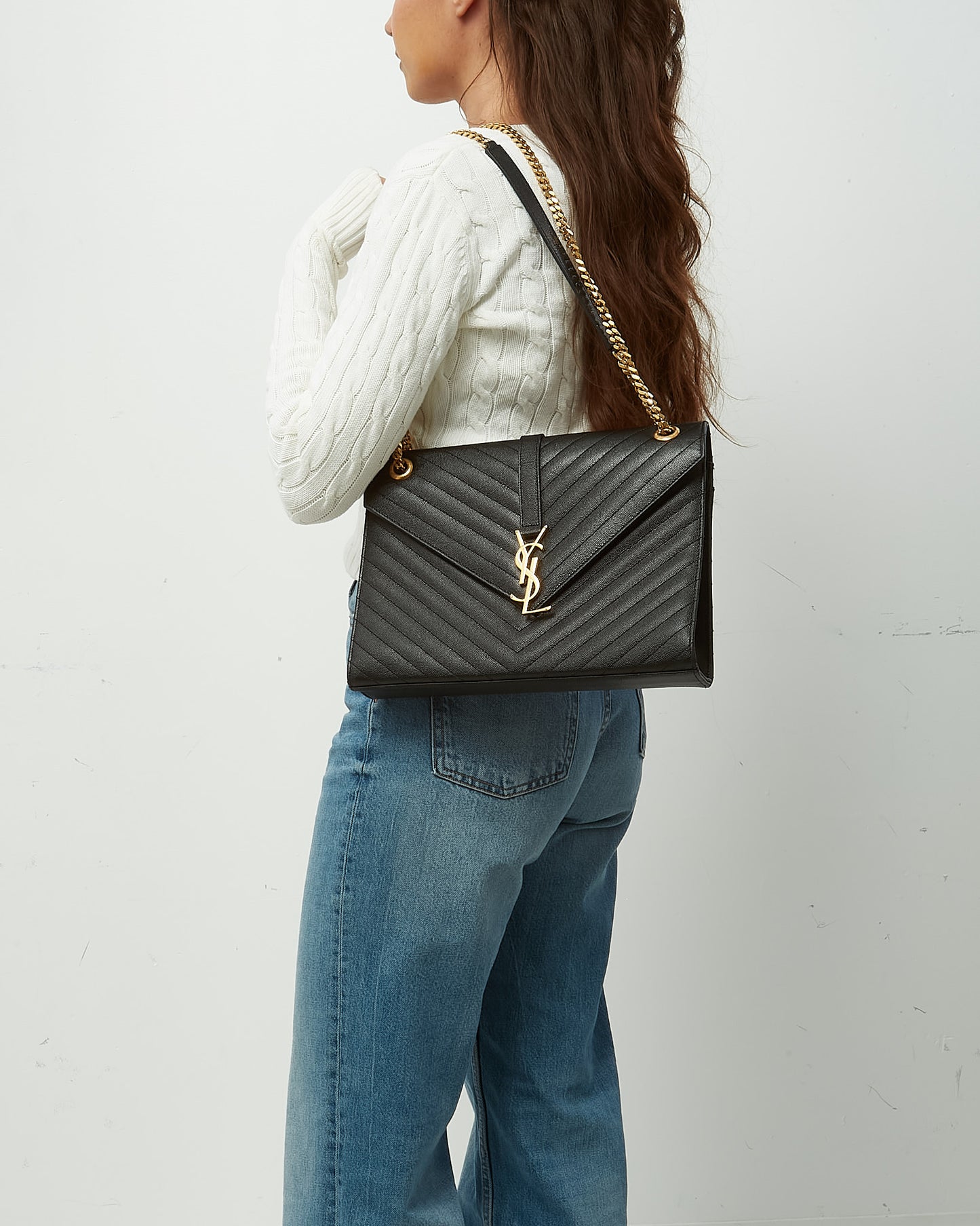 Saint Laurent Black Matelassé Chevron Leather YSL Monogram Large Envelope Flap Bag GHW