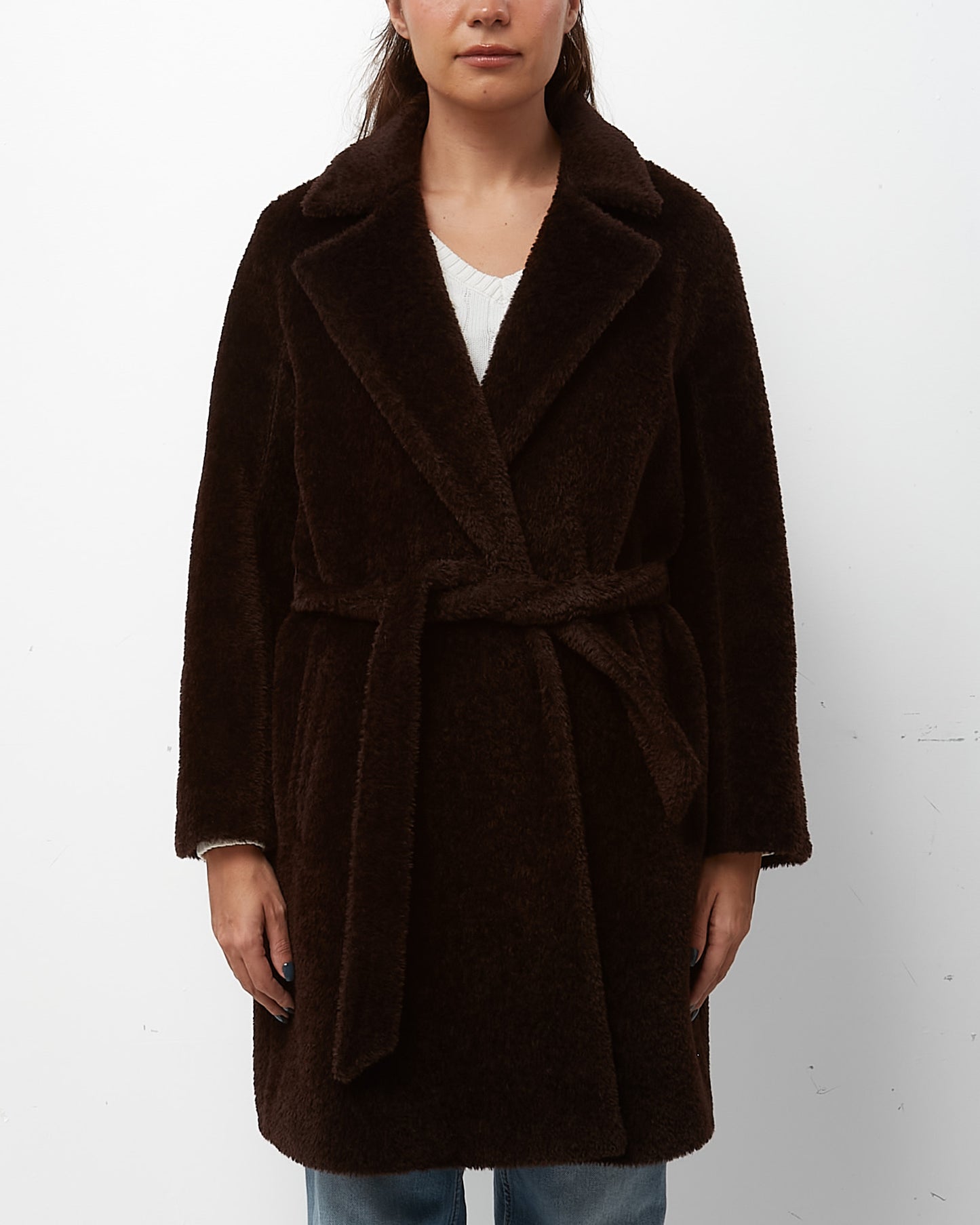 Max Mara Studio Brown Alpaca Belted Mid Teddy Coat - S/M