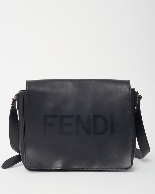 Fendi Black Leather FENDI Logo Embossed Messenger Bag