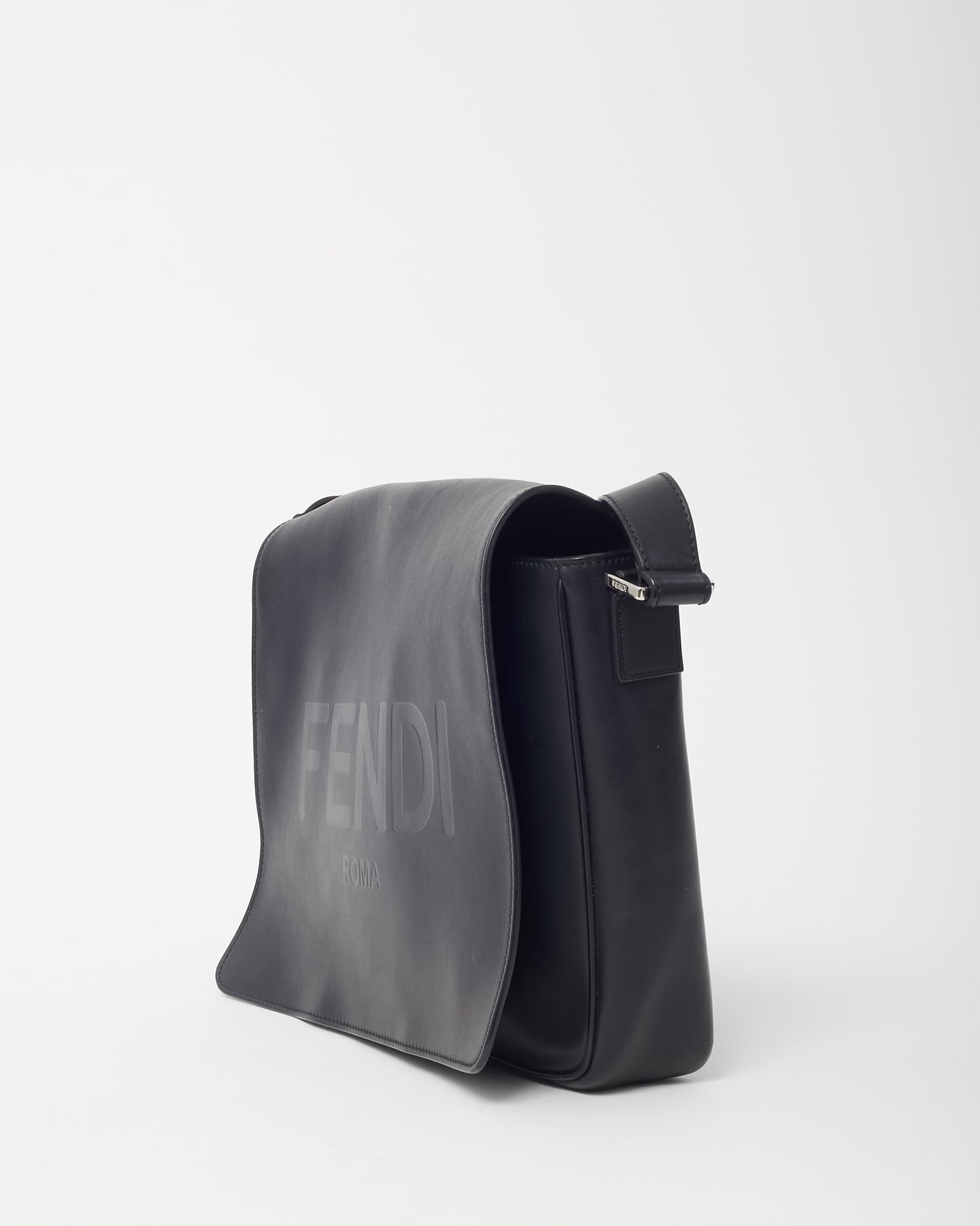 Fendi Black Leather FENDI Logo Embossed Messenger Bag