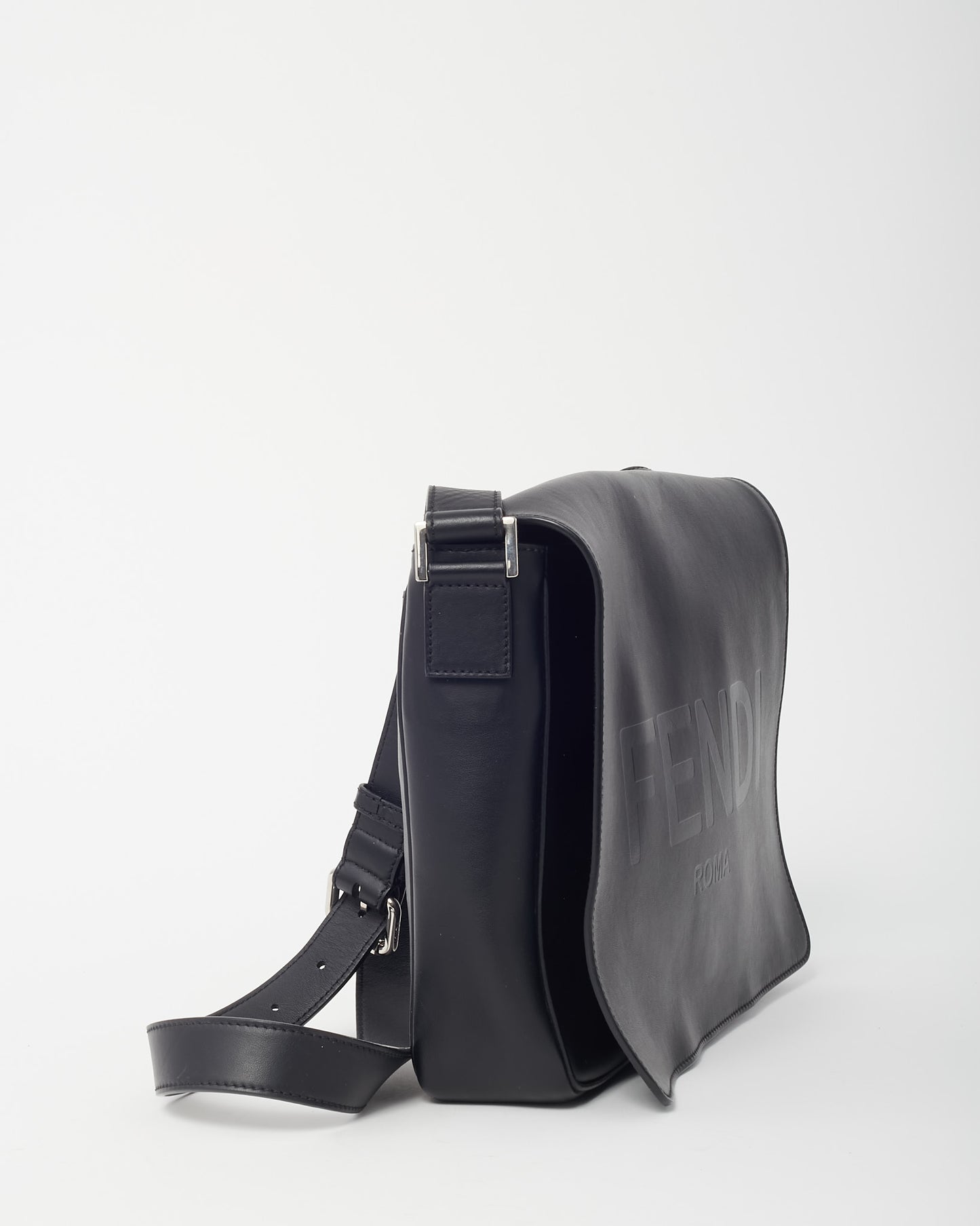 Fendi Black Leather FENDI Logo Embossed Messenger Bag