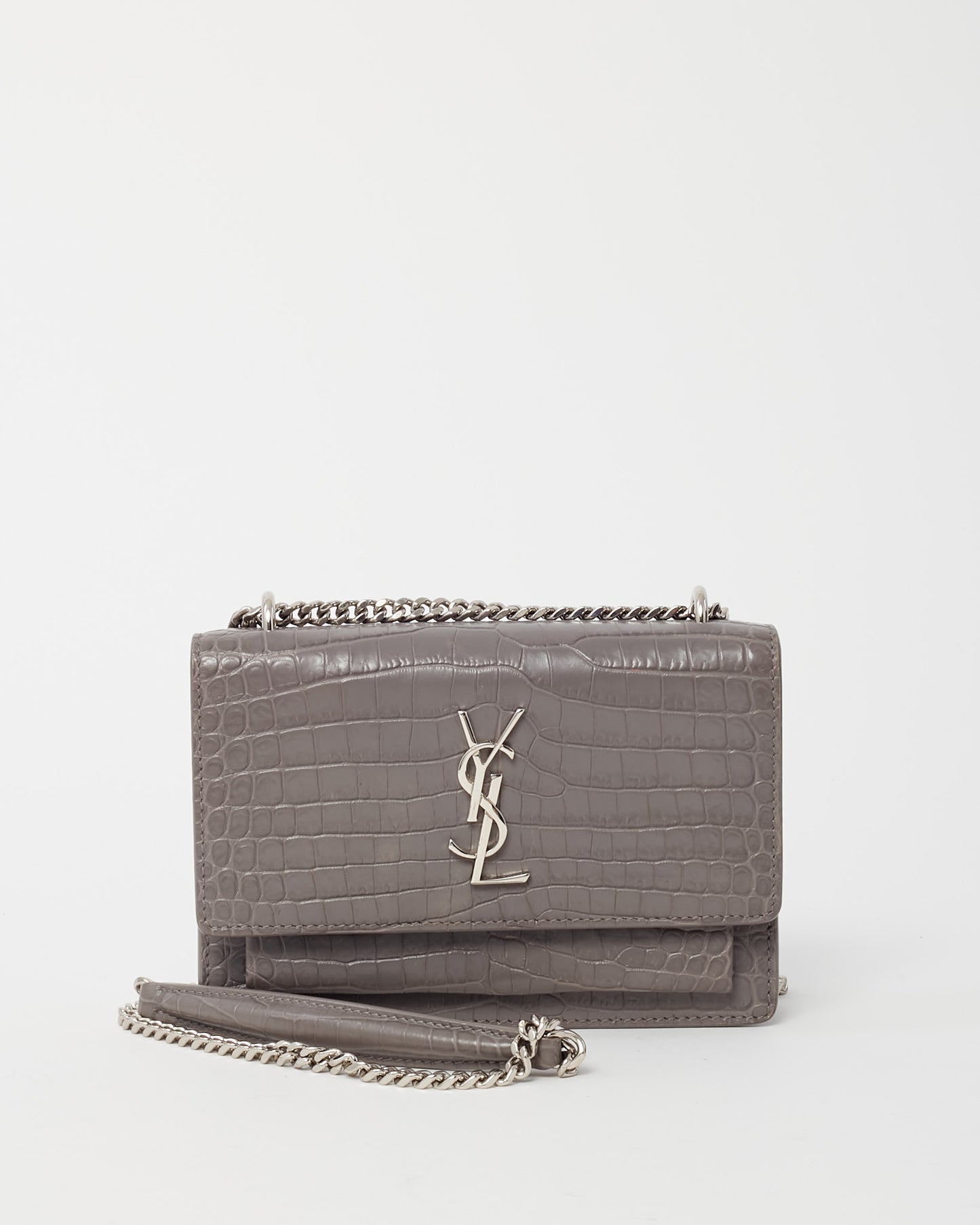 Saint Laurent Grey Patent Croc Embossed Leather Sunset WOC Wallet on Chain Bag