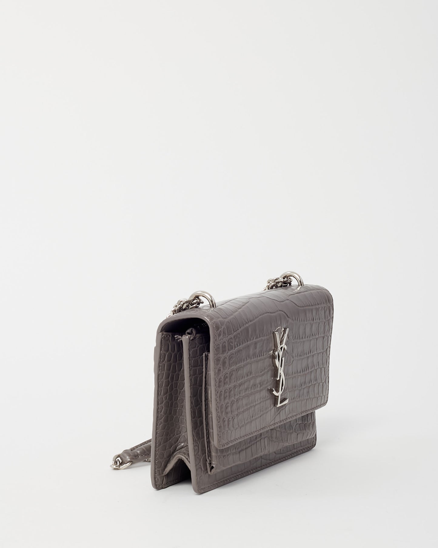 Saint Laurent Grey Patent Croc Embossed Leather Sunset WOC Wallet on Chain Bag