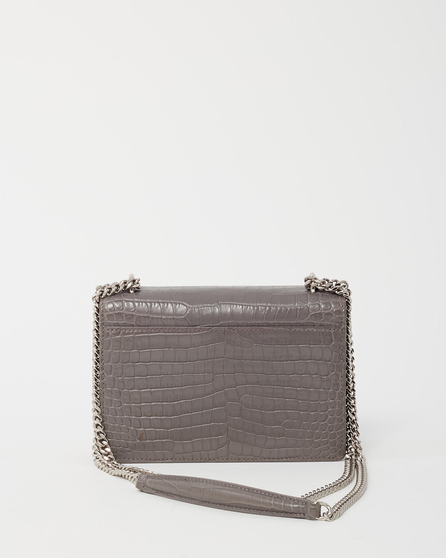 Saint Laurent Grey Patent Croc Embossed Leather Sunset WOC Wallet on Chain Bag