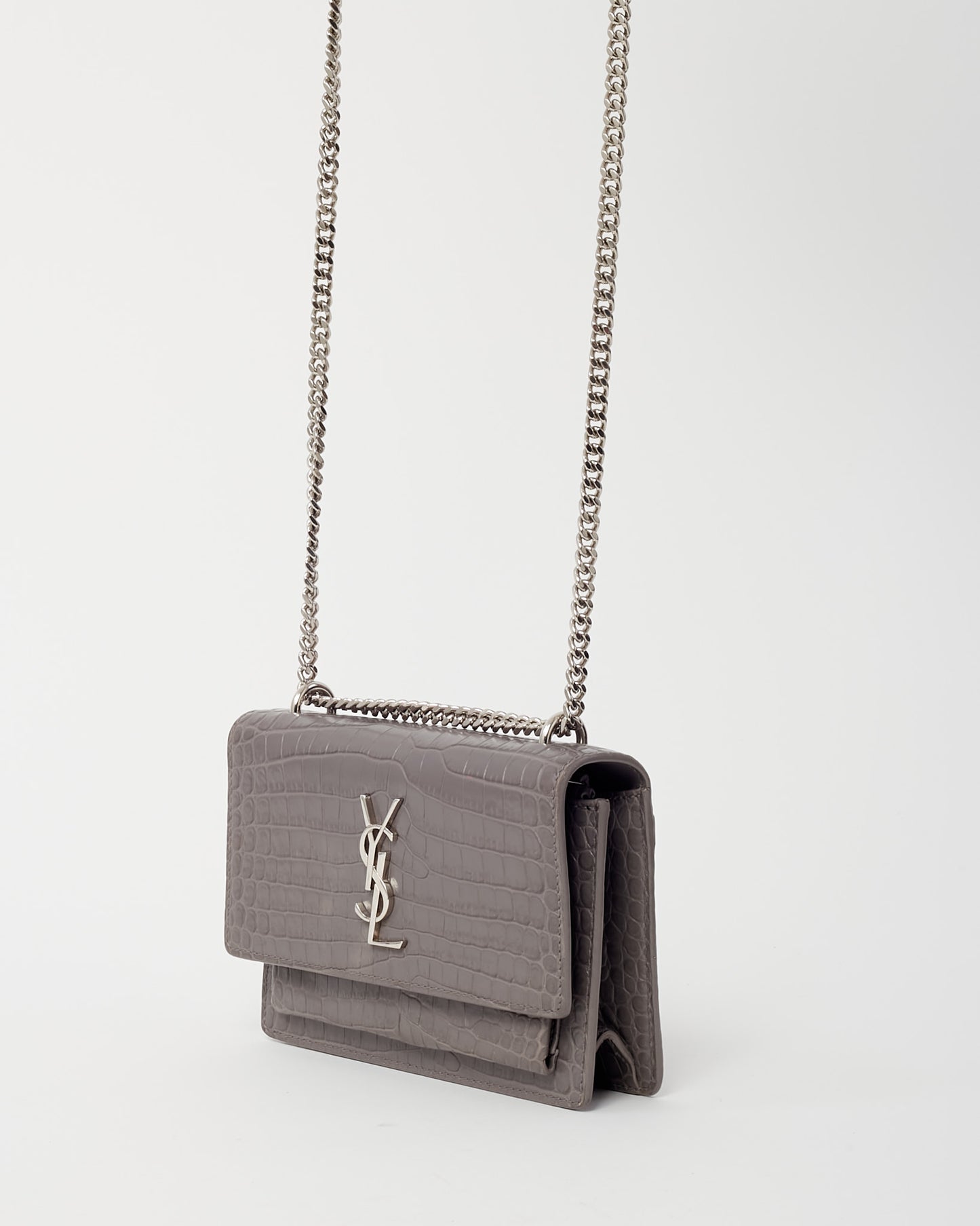 Saint Laurent Grey Patent Croc Embossed Leather Sunset WOC Wallet on Chain Bag