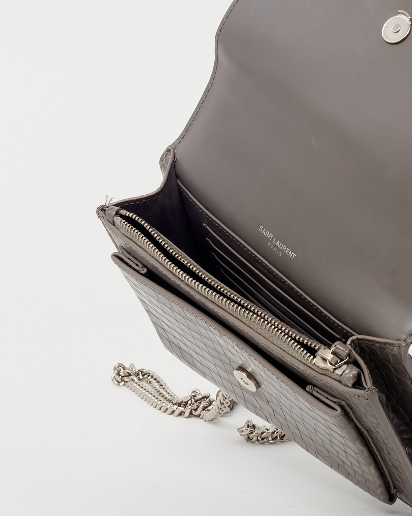 Saint Laurent Grey Patent Croc Embossed Leather Sunset WOC Wallet on Chain Bag