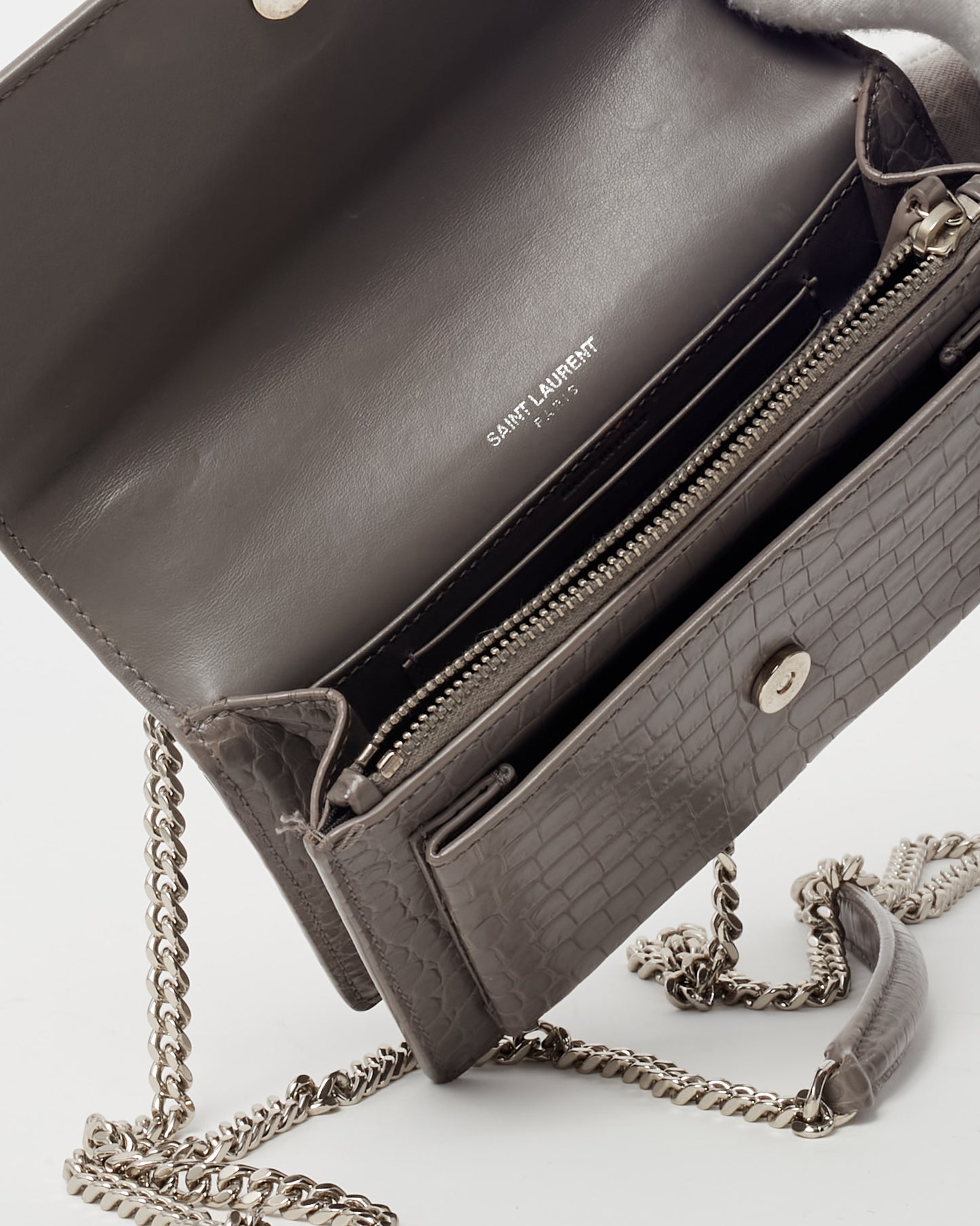 Saint Laurent Grey Patent Croc Embossed Leather Sunset WOC Wallet on Chain Bag