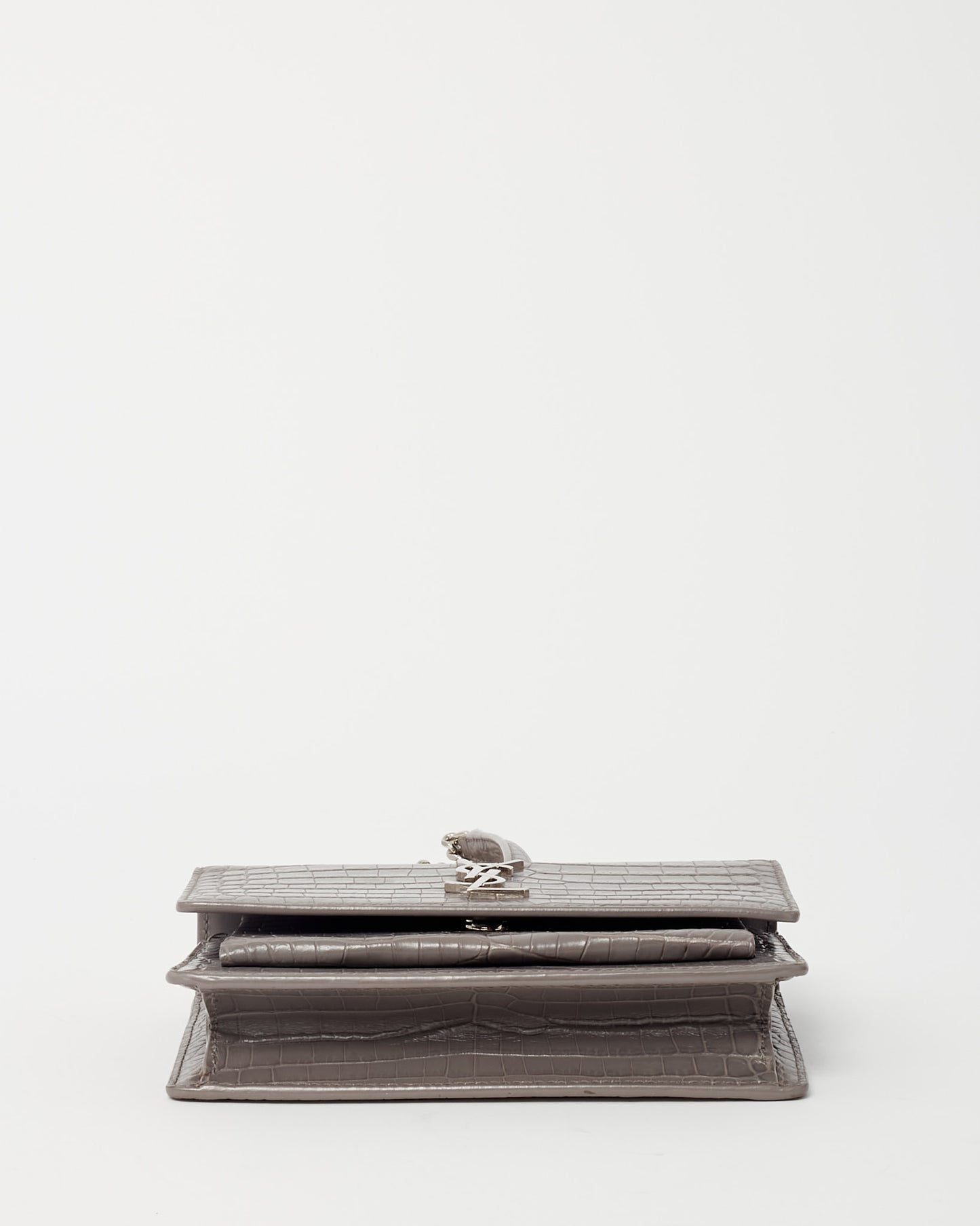 Saint Laurent Grey Patent Croc Embossed Leather Sunset WOC Wallet on Chain Bag