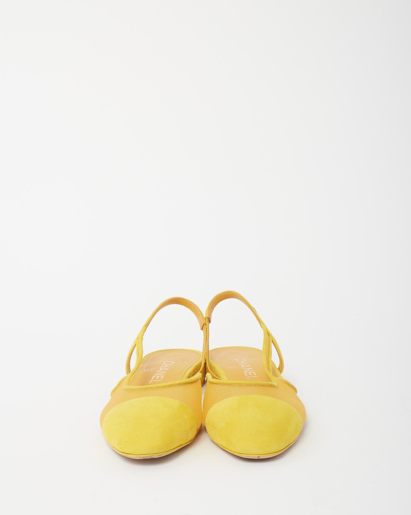 Chanel Yellow Mesh and Suede Kidskin Cap Toe CC Slingback Flats - 37.5