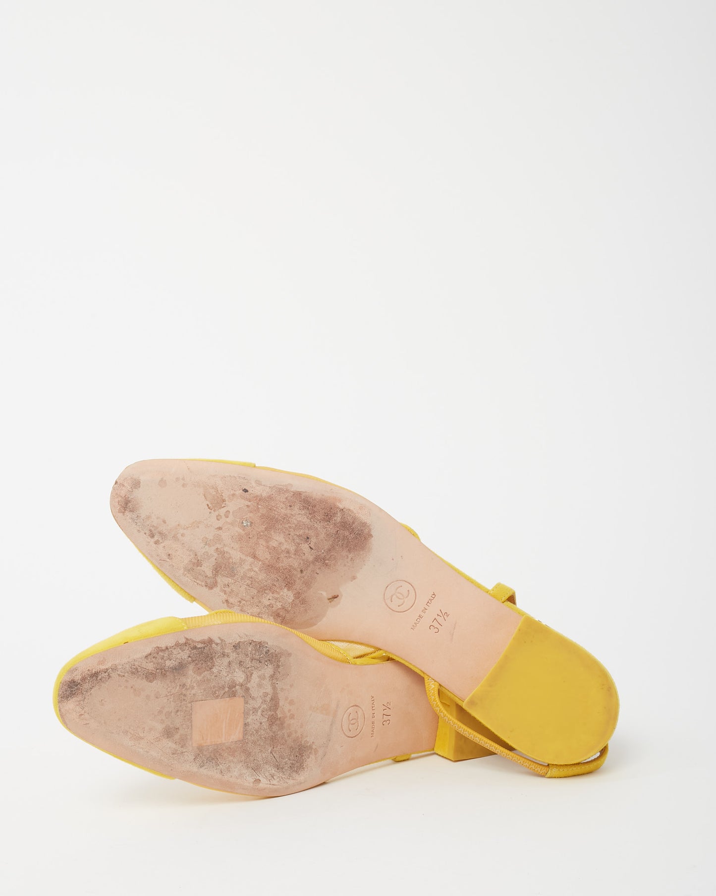 Chanel Yellow Mesh and Suede Kidskin Cap Toe CC Slingback Flats - 37.5