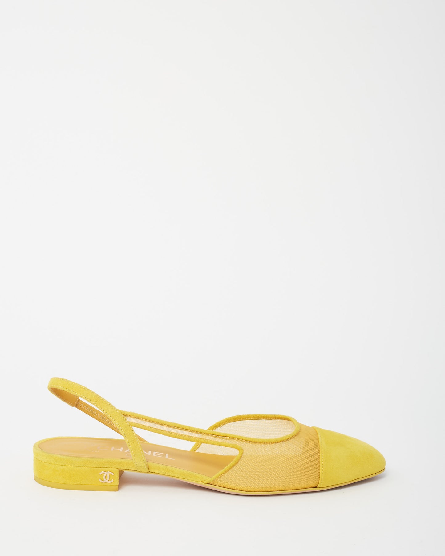 Chanel Yellow Mesh and Suede Kidskin Cap Toe CC Slingback Flats - 37.5