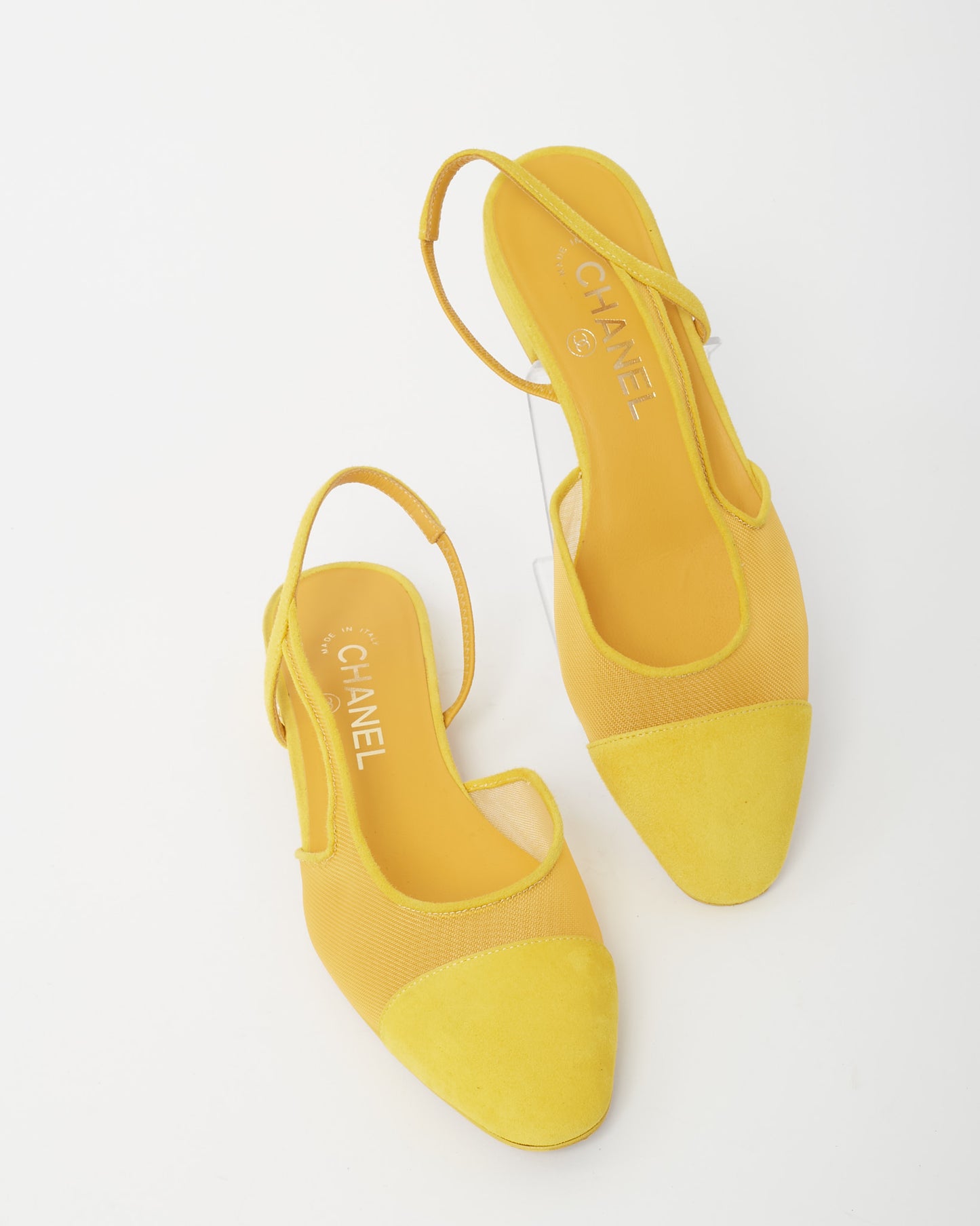 Chanel Yellow Mesh and Suede Kidskin Cap Toe CC Slingback Flats - 37.5