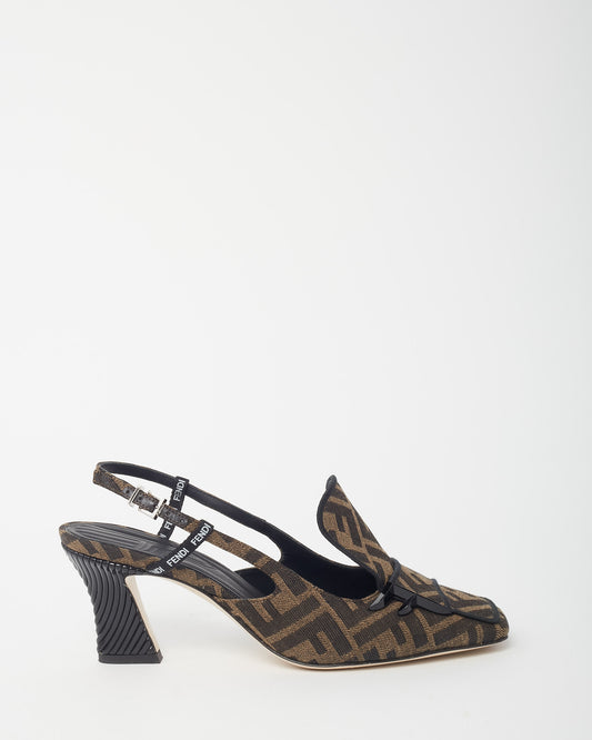 Fendi Brown FF Zucca Print Canvas Freedom Square Toe Slingback Pumps - 37.5