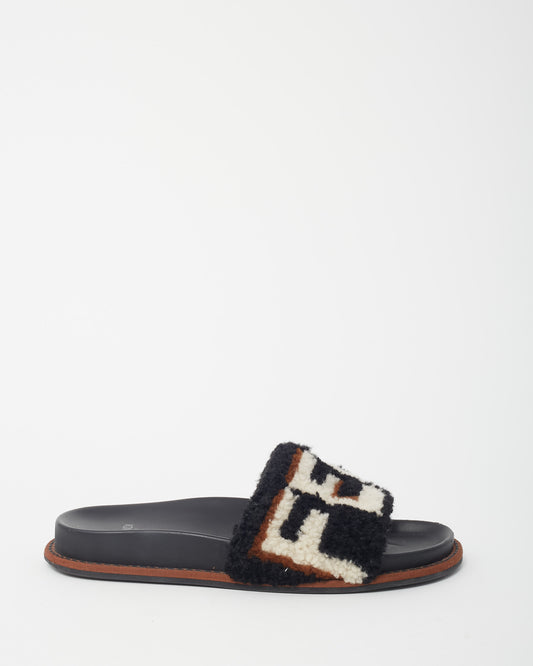 Fendi Black Shearling Logo and Leather Slide Sandals - 37