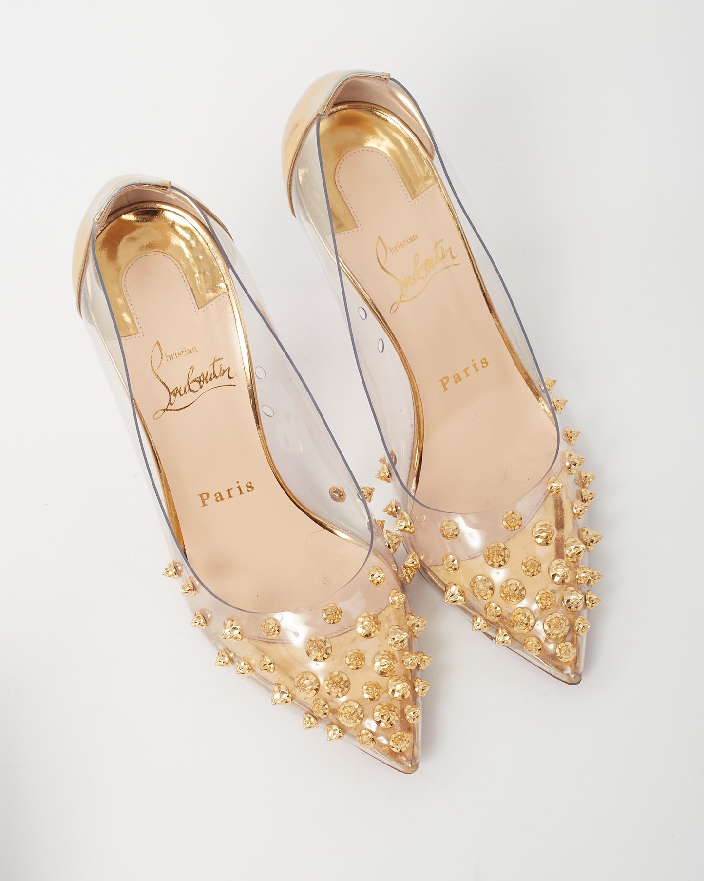 Christian Louboutin PVC and Gold Leather Studded Collaclou 100mm Pumps - 35.5