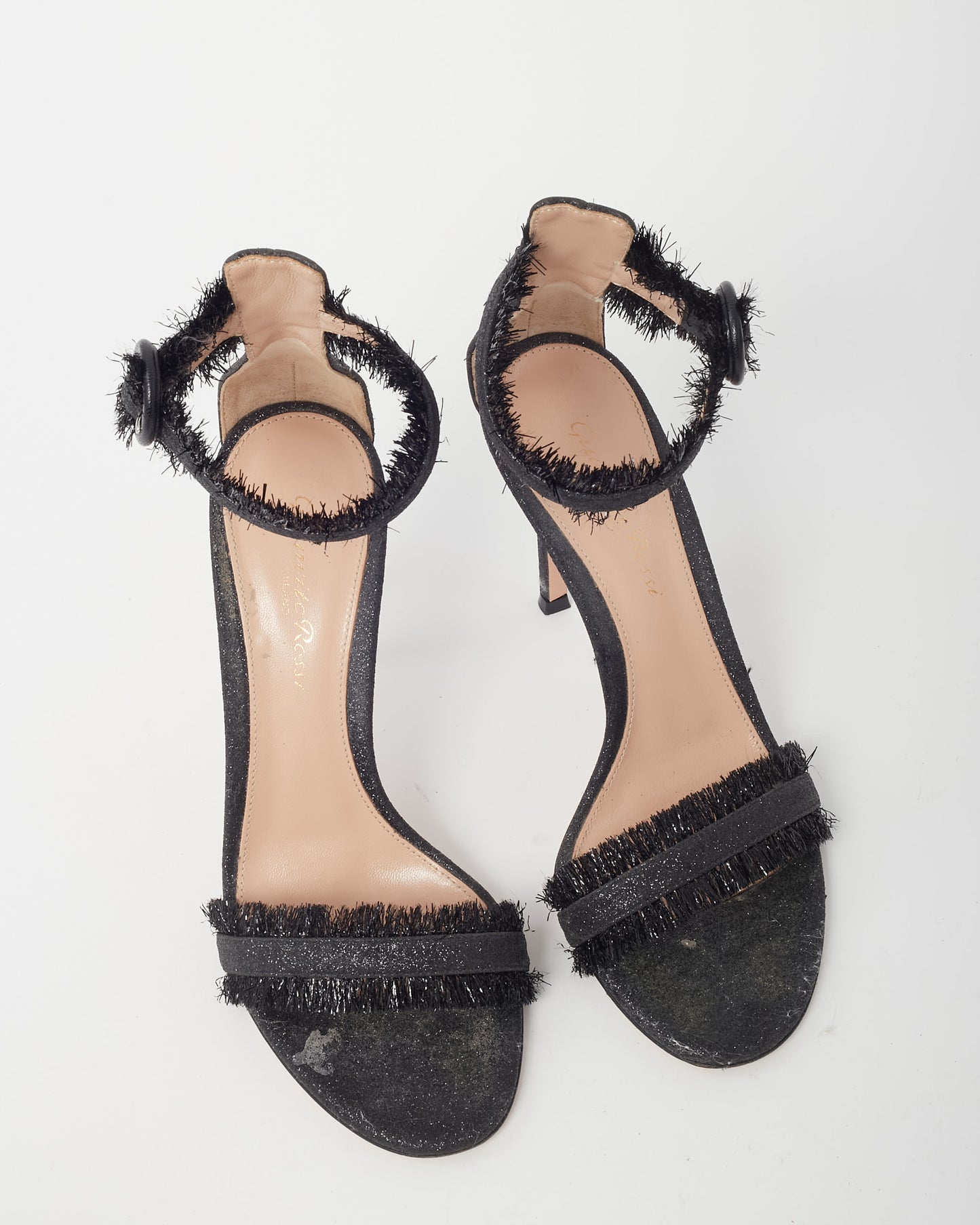 Gianvito Rossi Black Black Glitter Canvas Lola Tinsel Fringe Sandals - 36