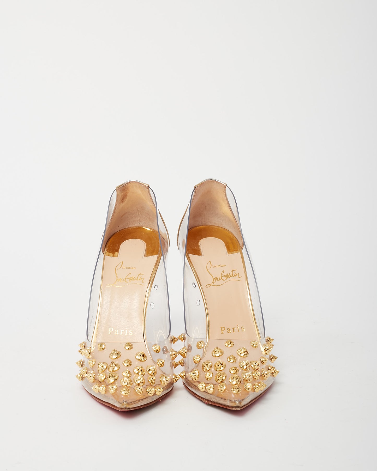 Christian Louboutin PVC and Gold Leather Studded Collaclou 100mm Pumps - 35.5