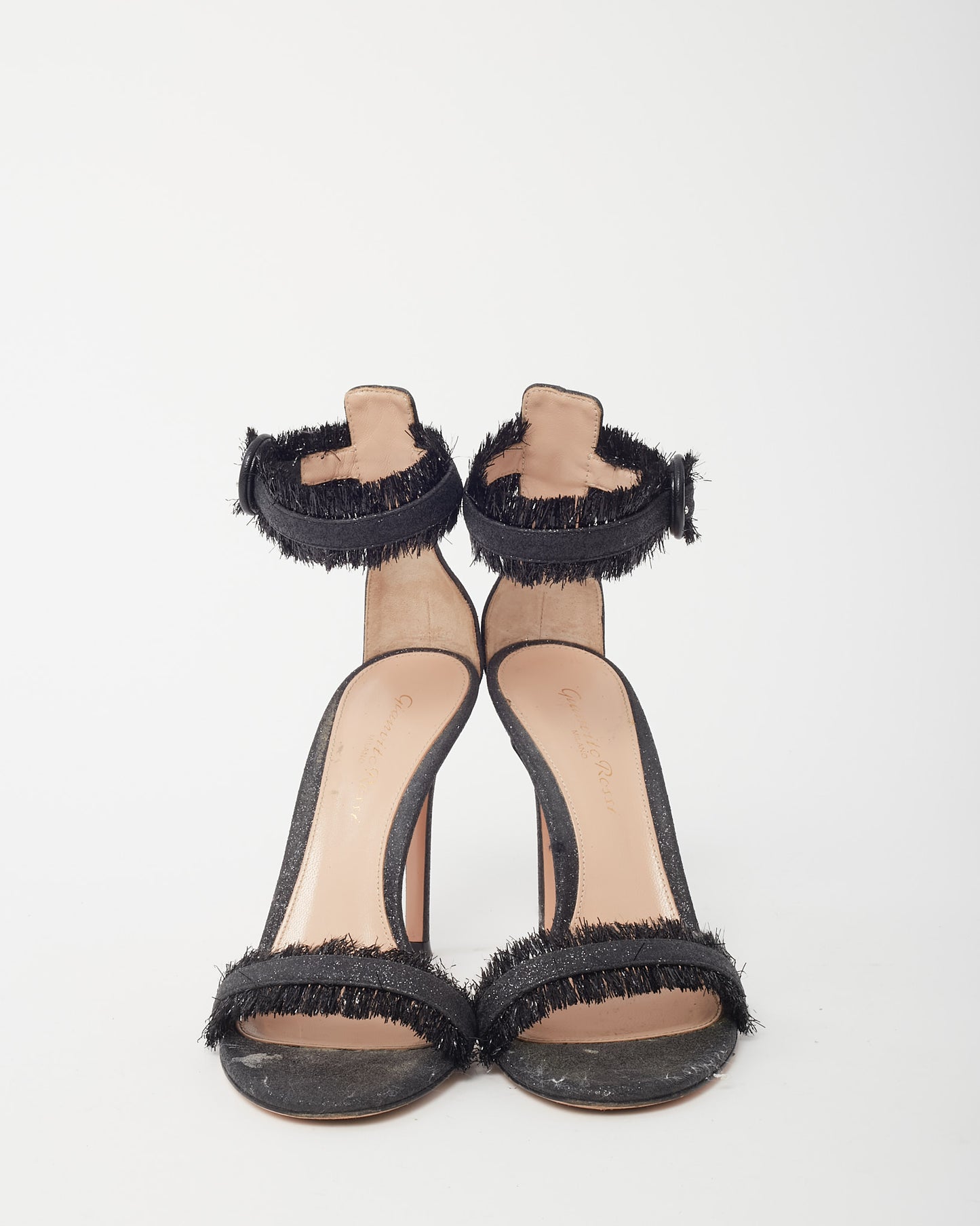Gianvito Rossi Black Black Glitter Canvas Lola Tinsel Fringe Sandals - 36