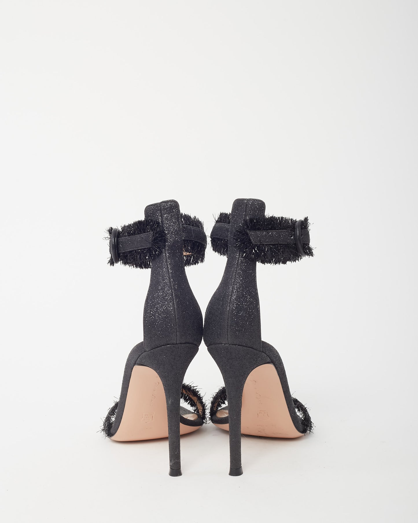 Gianvito Rossi Black Black Glitter Canvas Lola Tinsel Fringe Sandals - 36