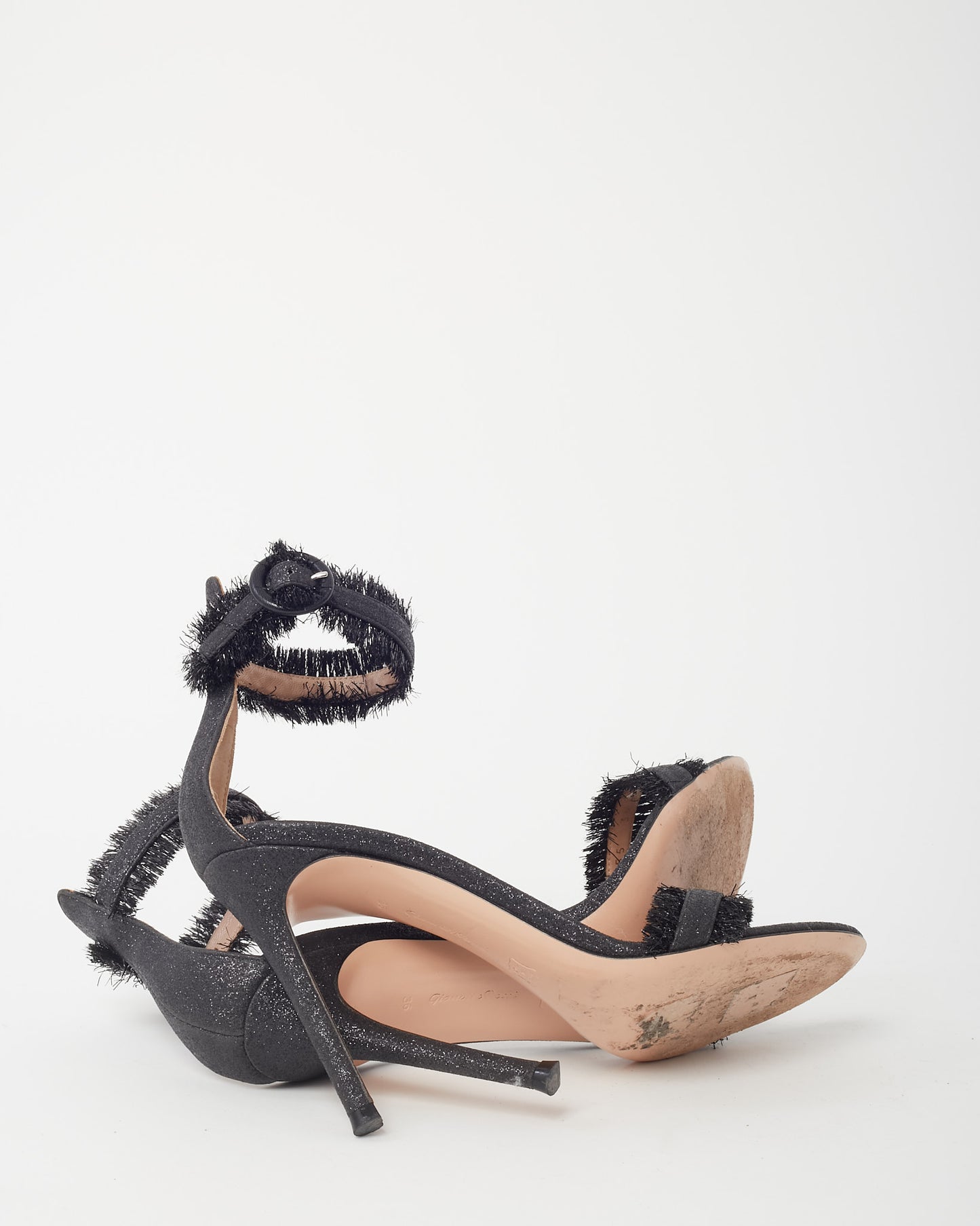 Gianvito Rossi Black Black Glitter Canvas Lola Tinsel Fringe Sandals - 36