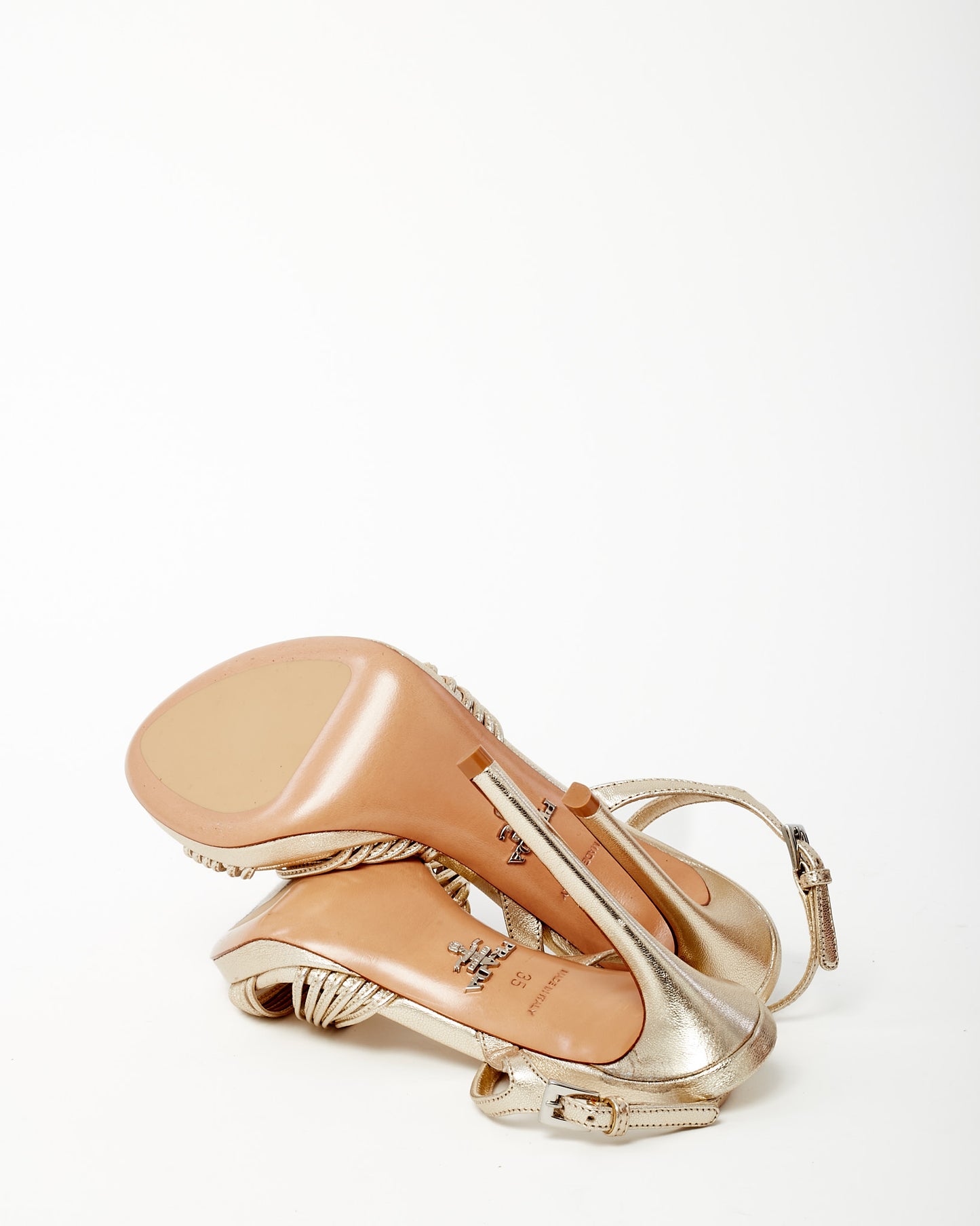 Prada Metallic Gold Leather Strappy Stiletto Sandals - 35