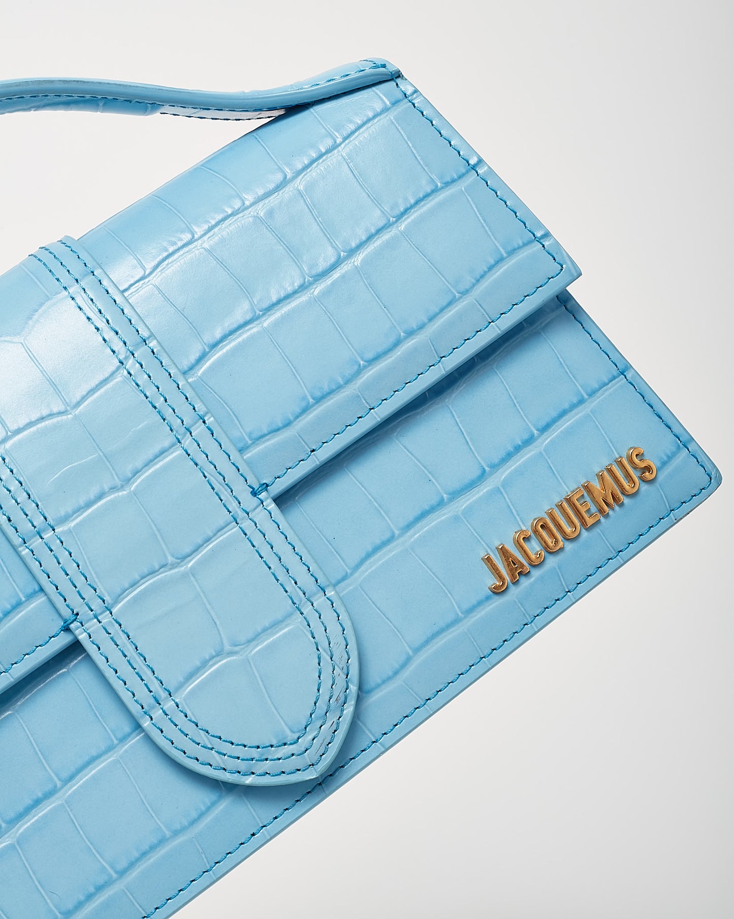 Jacquemus Blue Croc Embossed Leather Le Grand Bambino Bag with Strap