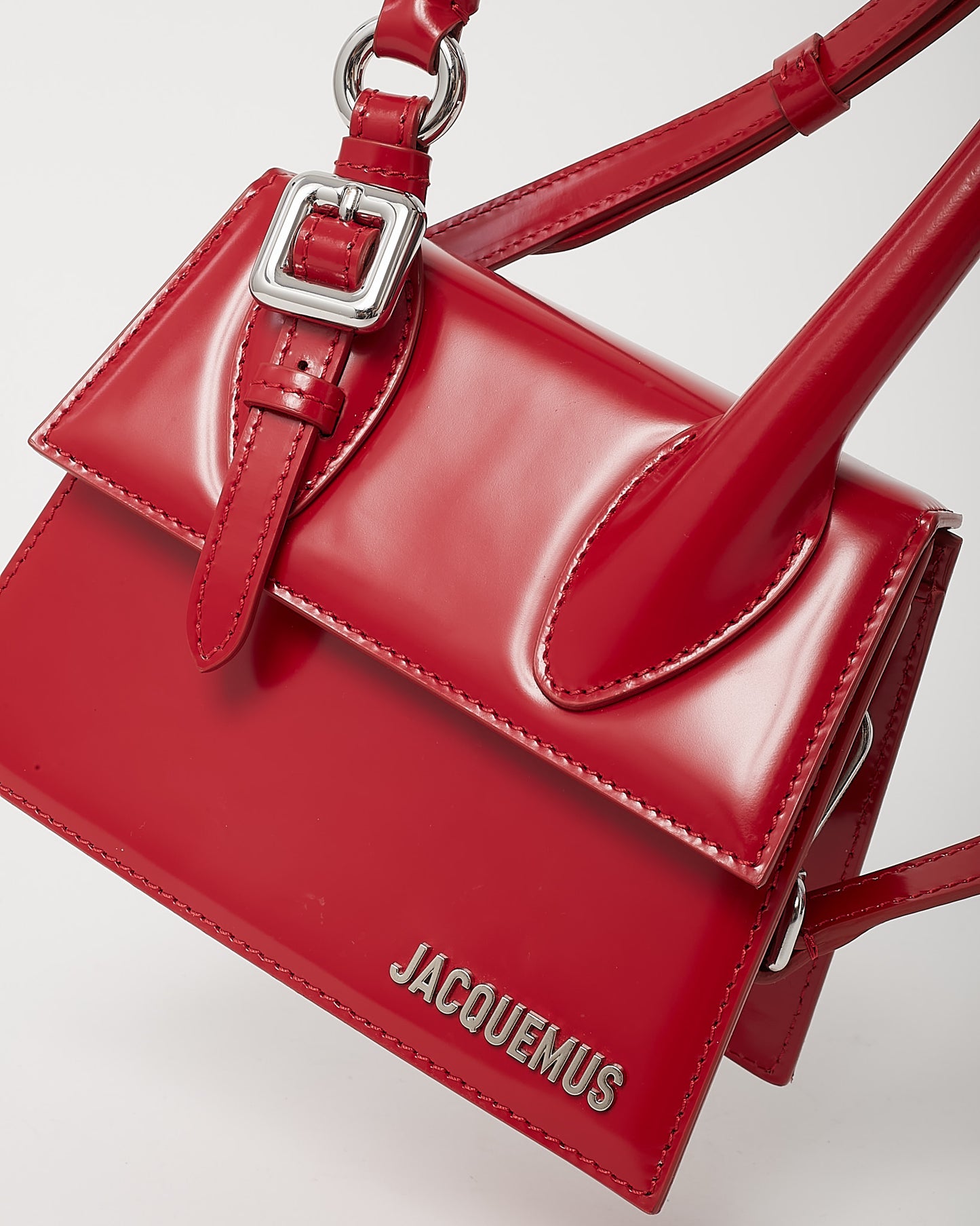 Jacquemus Red Leather Silver Buckle Handle Le Chiquito Moyen Crossbody Bag