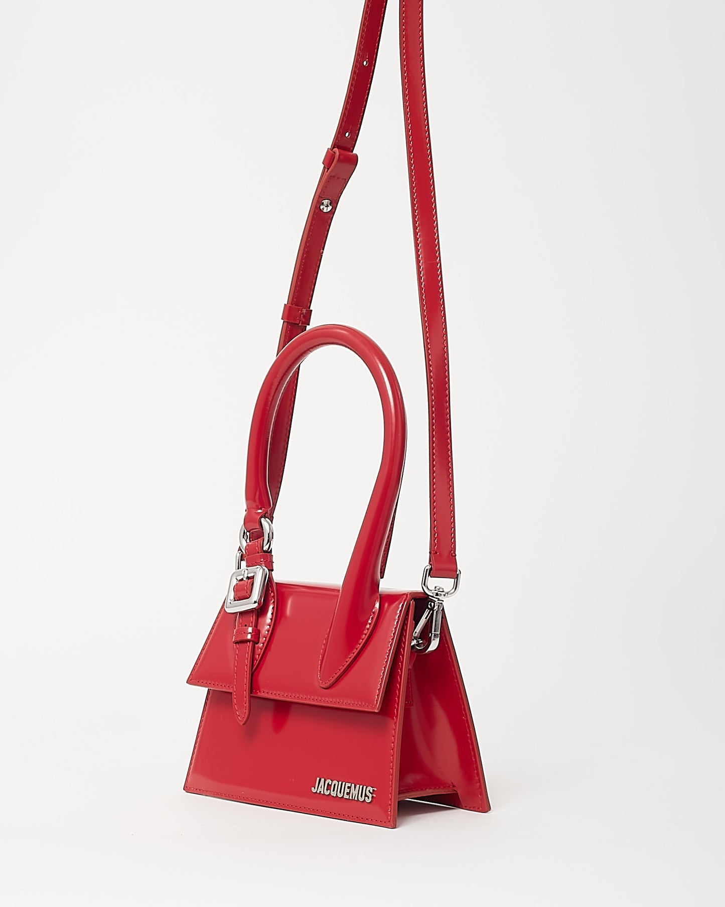 Jacquemus Red Leather Silver Buckle Handle Le Chiquito Moyen Crossbody Bag