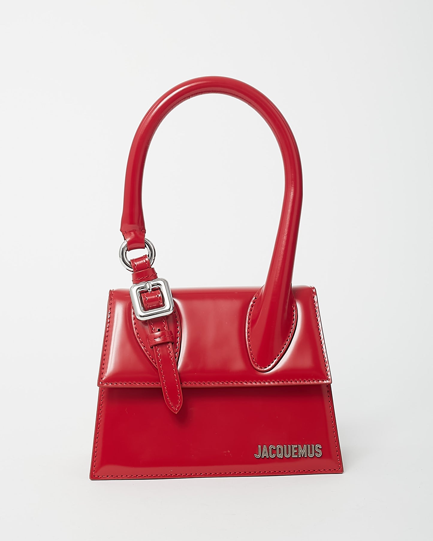 Jacquemus Red Leather Silver Buckle Handle Le Chiquito Moyen Crossbody Bag