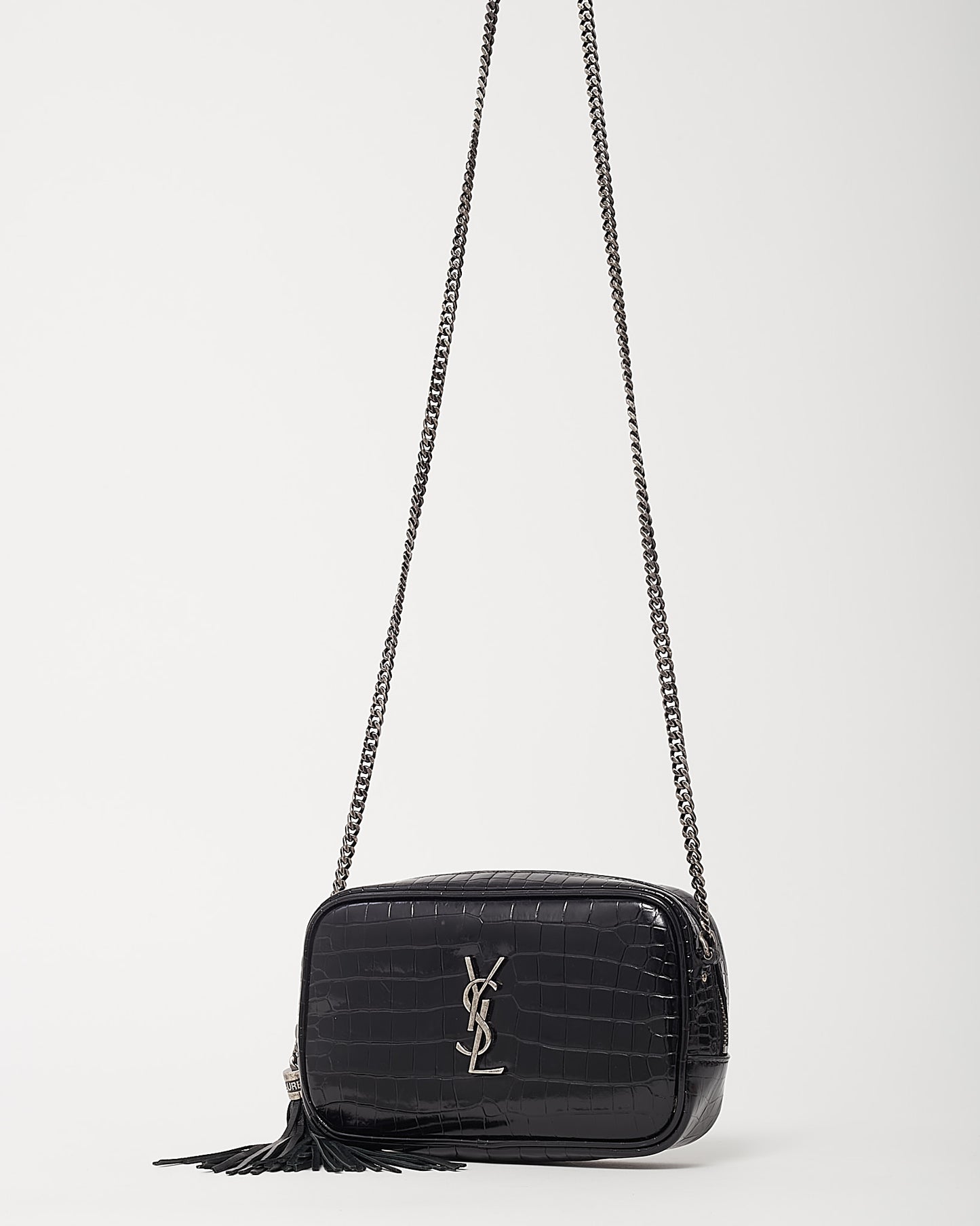 Saint Laurent Black Croc Embossed Leather SHW YSL Mini Lou Chain Crossbody Bag