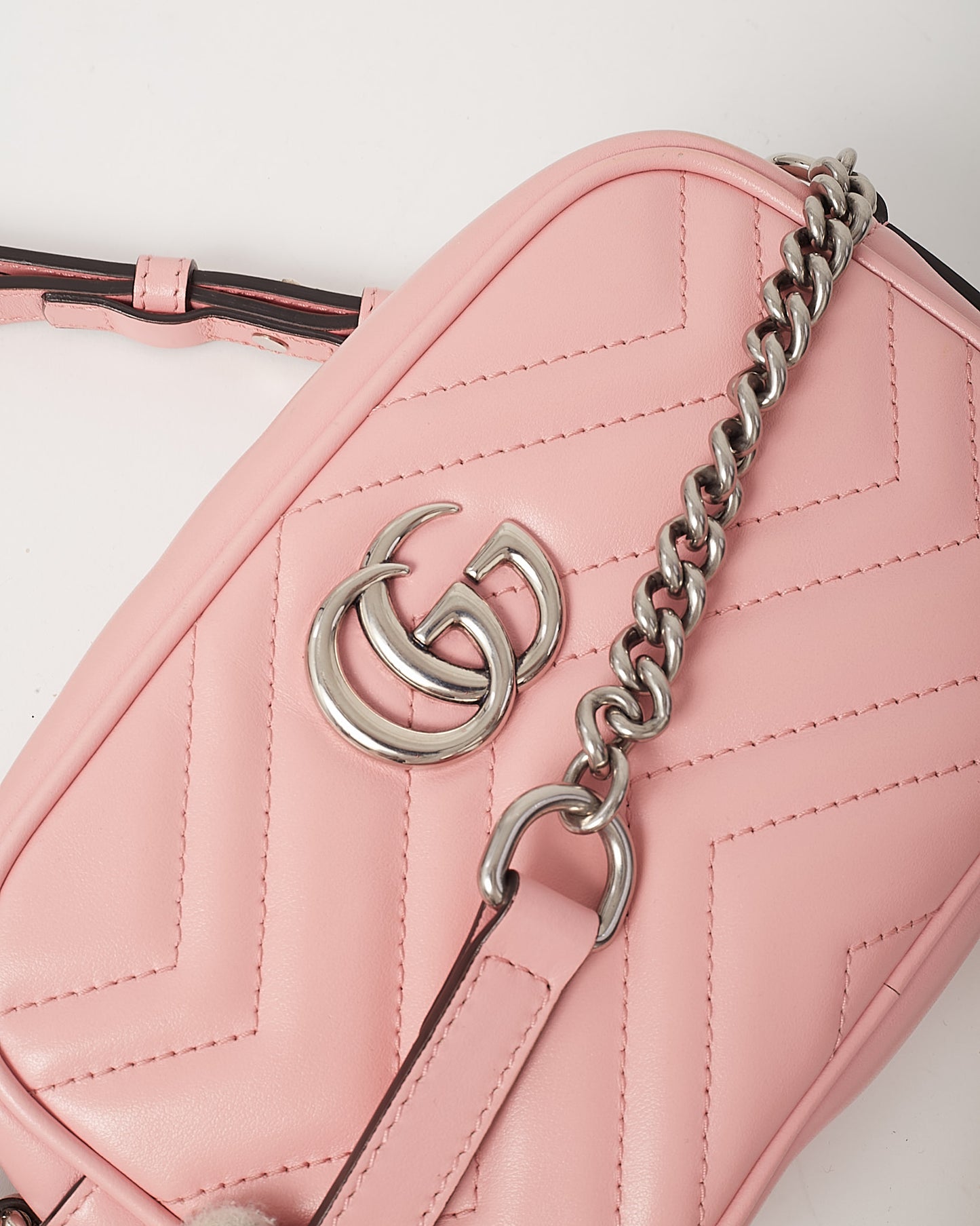 Gucci Pink Chevron Leather Mini Marmont Camera Bag SHW